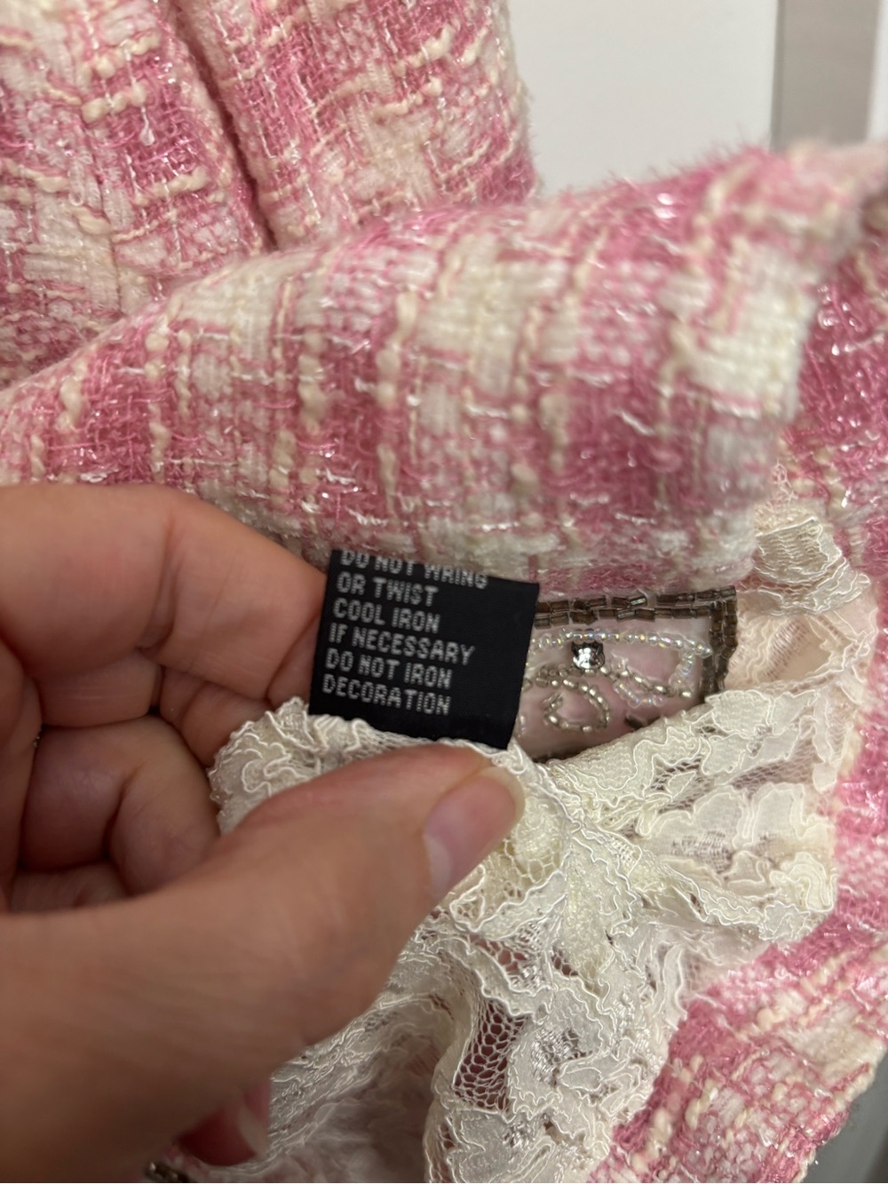 Berek by Takako Sakon Pink/Cream Tweed Plaid Embellished Vintage Lace Jacket - Picture 5 of 10